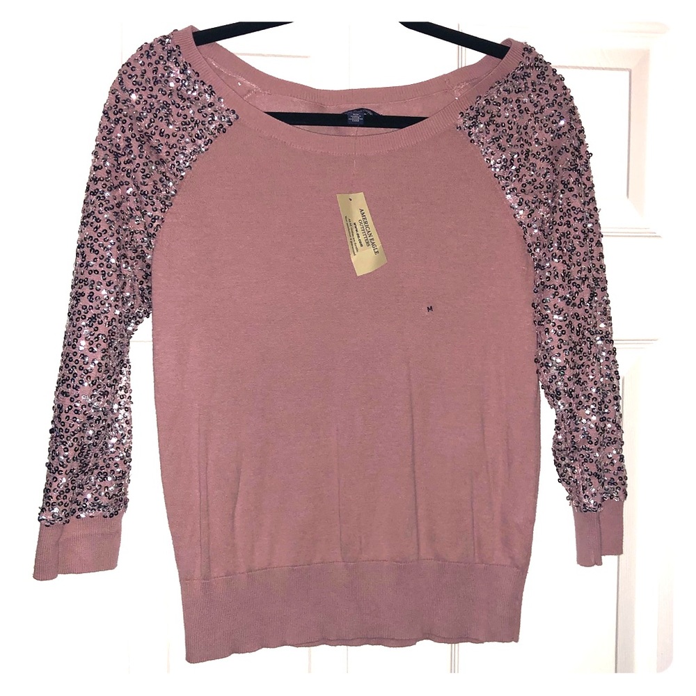 AE rose sequin cropped sleeve sweater top